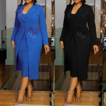 EVE Plus Size Pearl Hot Diamond Blazer And Sling Dress 2 Piece Set NY-3398
