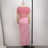 EVE One Shoudler Pleated Solid Color Maxi Dress GPBY-17166