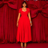 EVE Plus Size Short Sleeve Pleated Solid Maxi Dress NNWF-8072