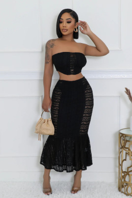 EVE Sexy Solid Color Wrap Chest Long Skirt Suit GCNF-0230