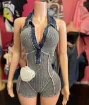 EVE Lapel Sleeveless Denim Romper MEM-88630