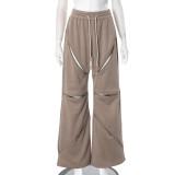 EVE Solid Color Multi Zipper Drawstring Loose Fit Athletic Pants MXBF-K24PT422