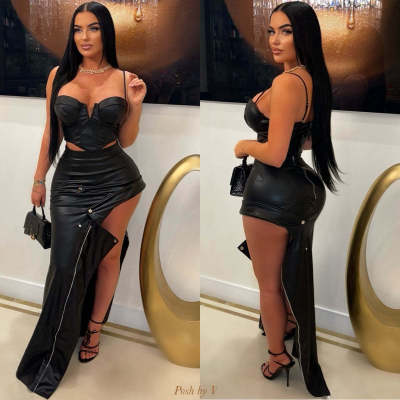 EVE PU Leather Metal Zipper Sexy Split Half-body Skirt YNSF-2679