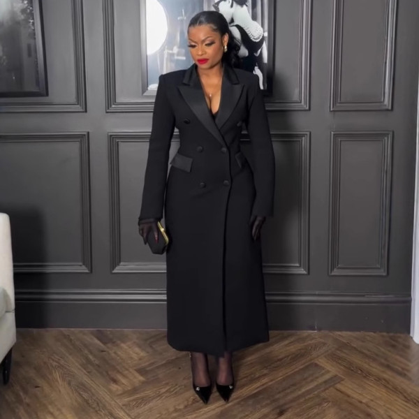 EVE Plus Size Lapel Solid Color Long Blazer Dress NY-10988