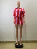 EVE Stripe Lapel Tops Shorts Two Piece Set QOUY-M6056