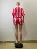 EVE Stripe Lapel Tops Shorts Two Piece Set QOUY-M6056