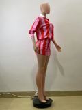 EVE Stripe Lapel Tops Shorts Two Piece Set QOUY-M6056