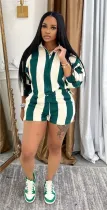 EVE Stripe Lapel Tops Shorts Two Piece Set QOUY-M6056