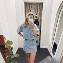 EVE POLO Short Sleeve Shirt Skirt Denim 2 Piece Set GLYK-LX044