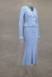 EVE Ruffles V Neck Little Fishtail Skirt Two Piece Set GLYK-LX0100
