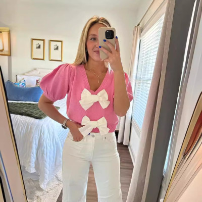 EVE V-Neck Short Sleeve Double Bow Solid Sweater GLYK-LX045