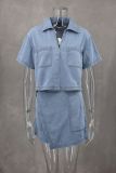 EVE POLO Short Sleeve Shirt Skirt Denim 2 Piece Set GLYK-LX044