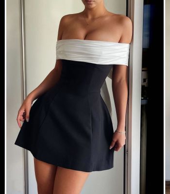 EVE Off Shoulder Contrast Color Bow Tie Dress GLYK-LX0114