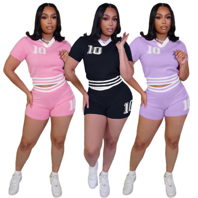 EVE Contrast Color Knits Short Two Piece Set TK-6335