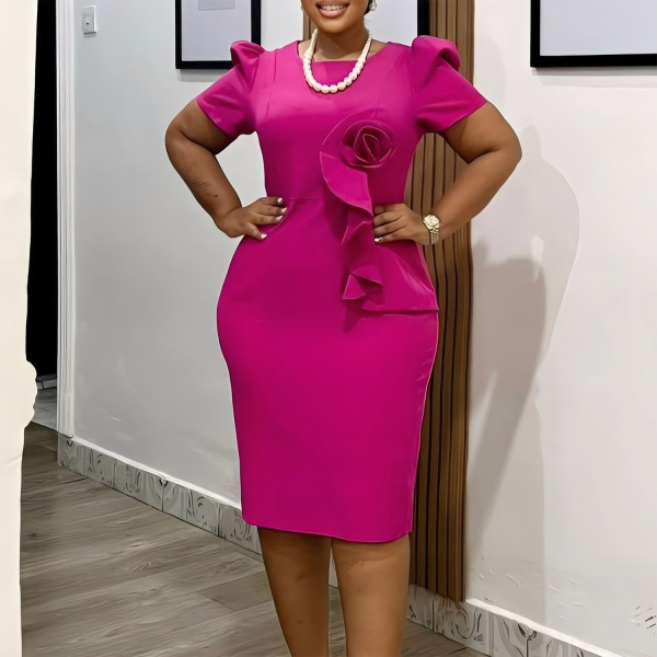 EVE Plus Size Ruffles Solid Color Short Sleeve Midi Dress GATE-D571