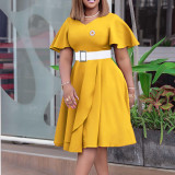 EVE Plus Size Solid Color Flare Sleeve Midi Dress GCZF-8624