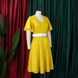 EVE Plus Size Solid Color Flare Sleeve Midi Dress GCZF-8624