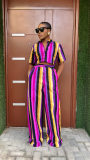 EVE Stripe Print Short Sleeve Loose Two Piece Pants Set GFDY-1321