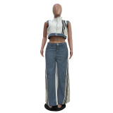 EVE Casual Webbing Loose Spliced Denim Wide Leg Pants Set TR-1323