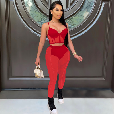 EVE Sexy Mesh Patchwork Two Piece Pants Set FOSF-8807