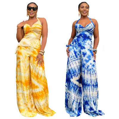 EVE Tie Dye Print Halterneck Two Piece Pants Set GFDY-1322