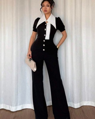 EVE Sleeveless Lapel Patchwork Jumpsuit OSM-4474