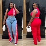 EVE Casual Webbing Loose Spliced Denim Wide Leg Pants Set TR-1323