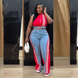 EVE Casual Webbing Loose Spliced Denim Wide Leg Pants Set TR-1323