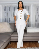 EVE Patchwork Large Button Short Sleeve Sport Jumpsuit OSM-4472