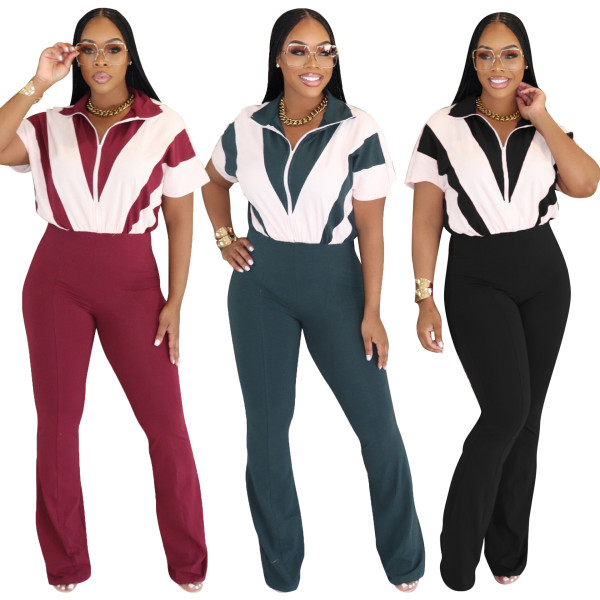 EVE Contrast Color Patchwork Sport Two Piece Pants Set CM-8736