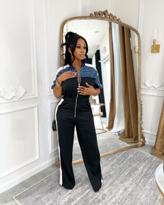 EVE Short Sleeve Color Block Patchwork Jumpsuit OLYF-6174