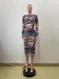 EVE Long Sleeve Print O Neck Midi Dress QOUY-6057