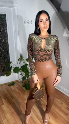 EVE Leopard Print Tops And PU Leather Pants Suit QOUY-6058