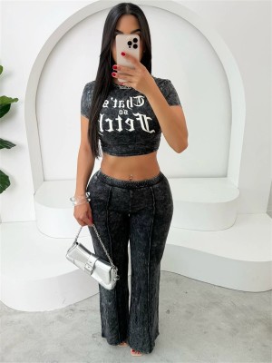 EVE Letter Print Crop Tops And Pants Two Piece Set GYZY-8953