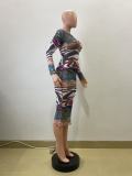 EVE Long Sleeve Print O Neck Midi Dress QOUY-6057