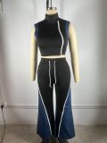 EVE Denim Patchwork Sleeveless Wide Leg Pants 2 Piece Set TE-4733