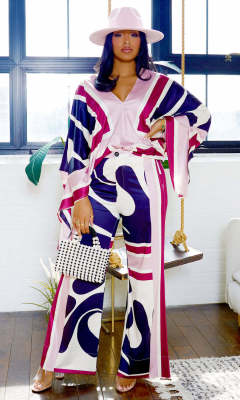 EVE V Neck Long Sleeve Flare Sleeve Pants Suit XHXF-8718