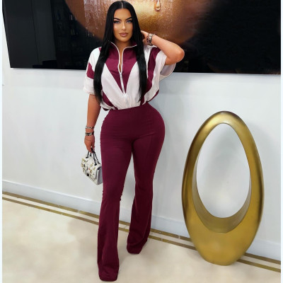 EVE Lapel Zipper Patchwork Micro Flare Jumpsuit TE-4734