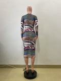EVE Long Sleeve Print O Neck Midi Dress QOUY-6057