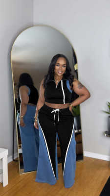 EVE Denim Patchwork Sleeveless Wide Leg Pants 2 Piece Set TE-4733