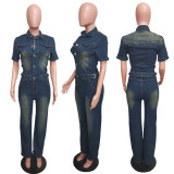 EVE Fashion Denim Single-breasted Short Sleeve Jumpsuit BLX-6994