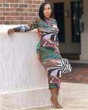 EVE Long Sleeve Print O Neck Midi Dress QOUY-6057