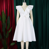 EVE Plus Size V Neck Ruffles Big Swing Midi Dress GATE-565