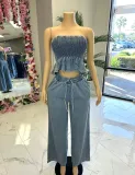 EVE Sexy Wrap Chest Ruffled top +Pants Demim Suit GZCF-30019