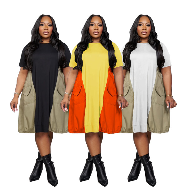 EVE Plus Size Color Block Patchwork Midi Dress SFY-667
