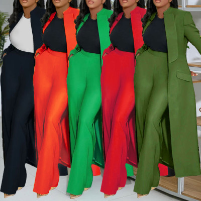 EVE Plus Size Solid Color Long Blazer Pants Suit NY-10968