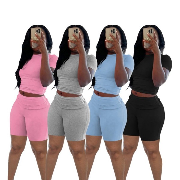 EVE Solid Color Short Sleeve Two Piece Shorts Set QXLB-10090