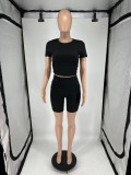 EVE Solid Color Short Sleeve Two Piece Shorts Set QXLB-10090