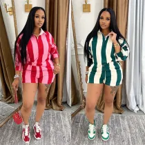 EVE Fashion Stripe Lapel Tops Shorts 2 Piece Set GSMJ-6995
