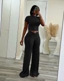 EVE Solid Color Short Sleeve Tops Wide Leg Pants Suit QXLB-10129